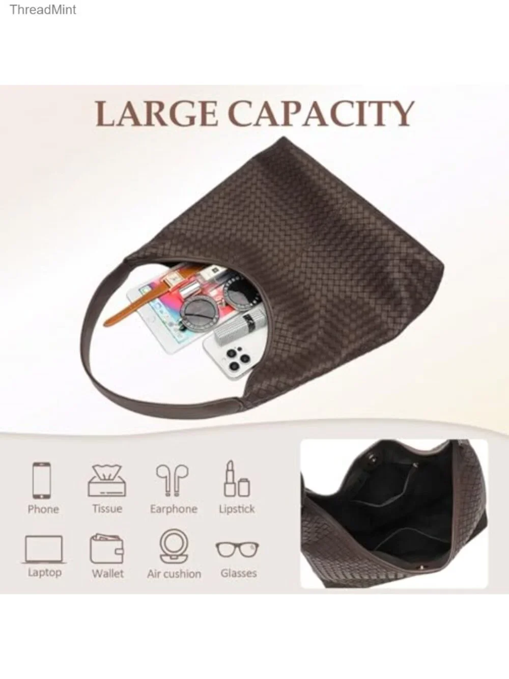 Woven Textured Vegan Leather Hobo Tote Bag Large Slouchy Purse